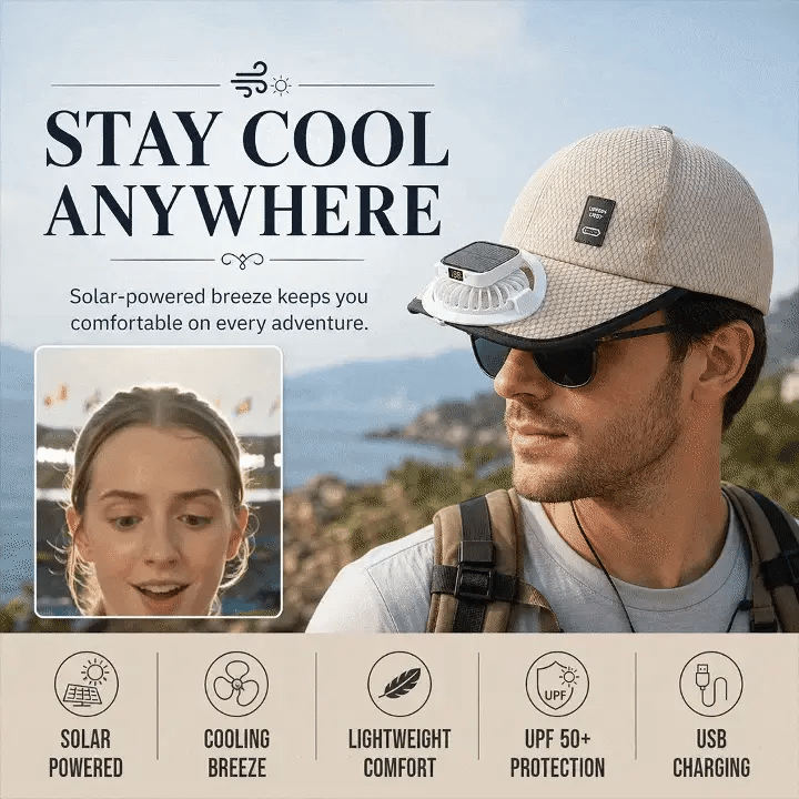 🌞Solar Fan Baseball Cap - UV Protection Wide Brim Mesh Hat with Solar & USB Power for Outdoor Heat Relief