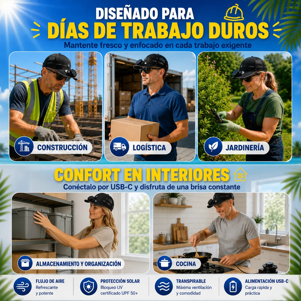 🌞Solar Fan Baseball Cap - UV Protection Wide Brim Mesh Hat with Solar & USB Power for Outdoor Heat Relief